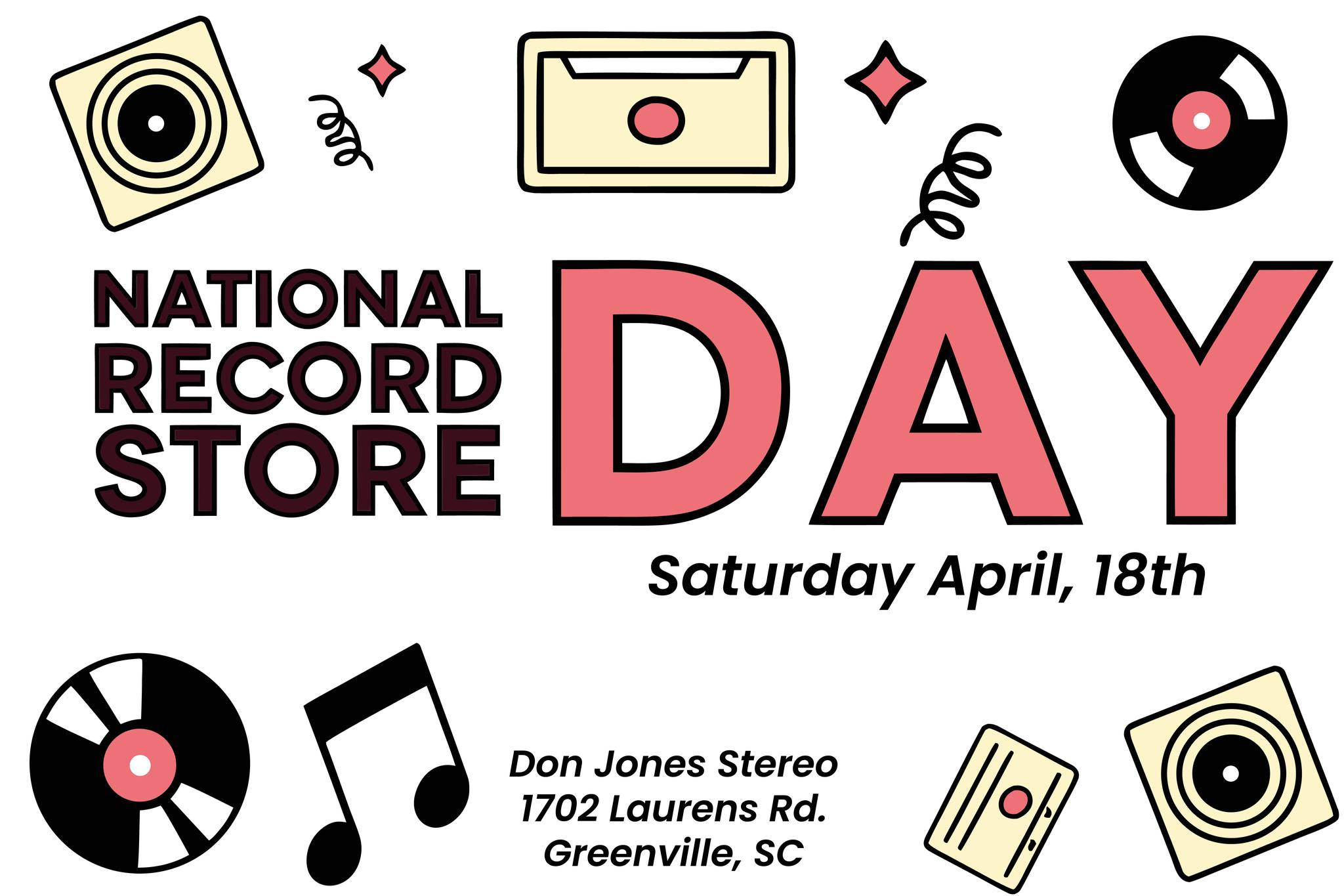 Event poster for National Record Store Day featuring large pink 'DAY' text, vinyl records, a cassette, notes, and location at Don Jones Stereo, Greenville, SC.