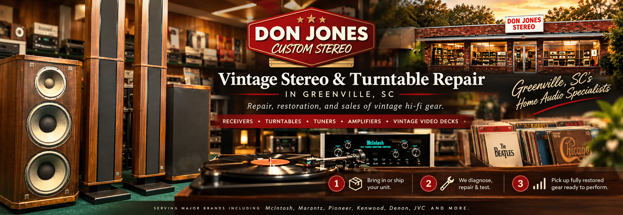 Don Jones Custom Stereo shop ad with vintage speakers, turntables, records, and repair info. Text highlights Greenville, SC location, services, and major brands. Storefront image and music gear shown. - Don Jones Custom Stereo Don Jones Custom Stereo shop ad with vintage speakers, turntables, records, and repair info. Text highlights Greenville, SC location, services, and major brands. Storefront image and music gear shown.